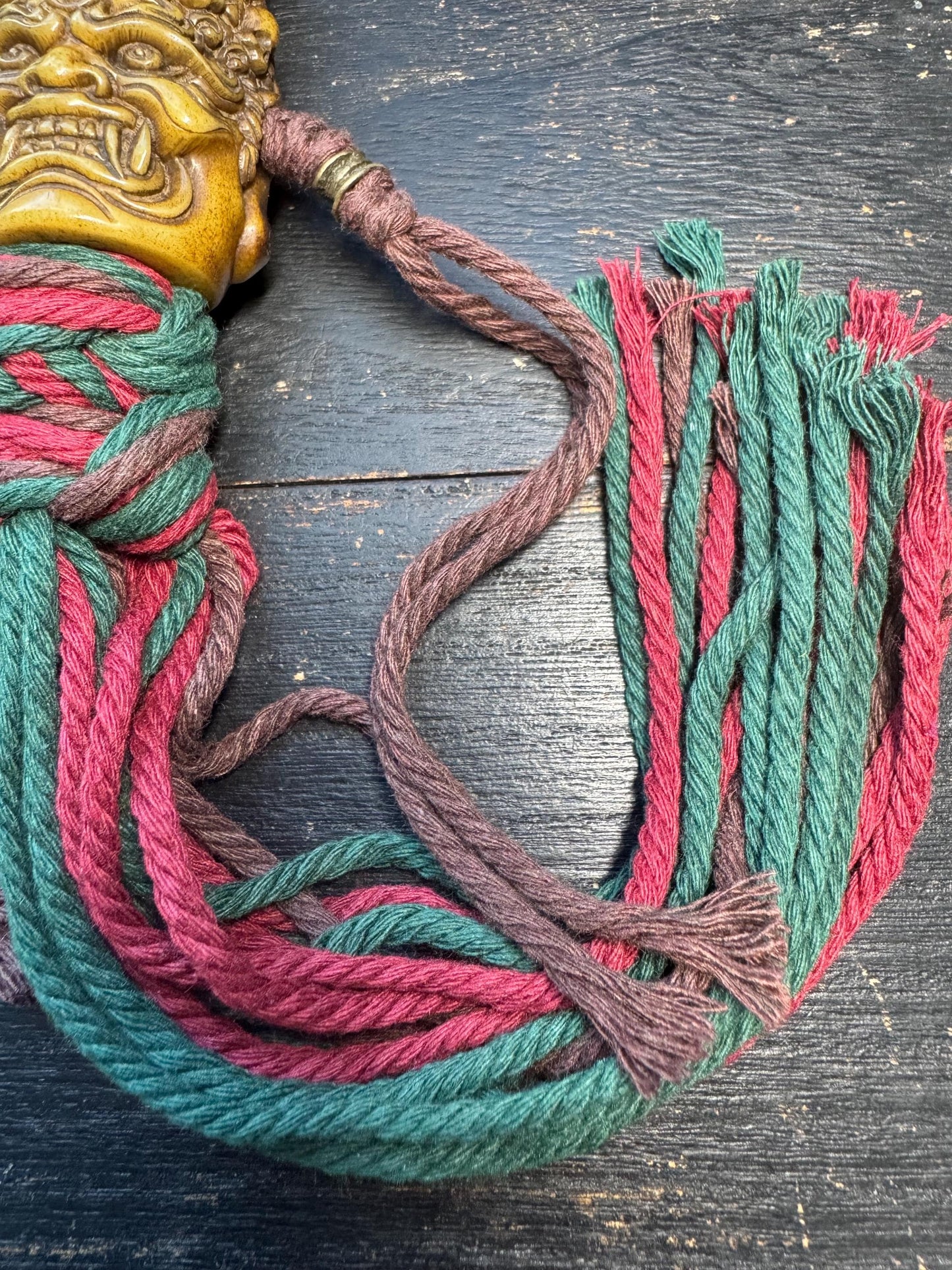 Hand Carved Yak Bone Wrathful Deity Pendant, Tibetan Nepal Protection Talisman, Large Spiritual Amulet with Braided Cord