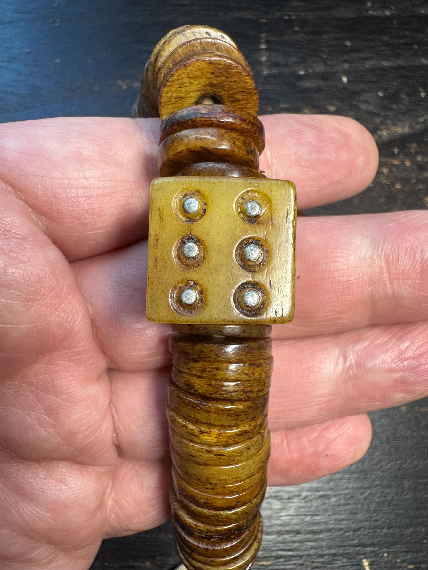 Vintage 108 Yak Bone Disc Mala with Dice Guru Bead, 15–16mm Tibetan Prayer Beads, Handcrafted Brown Yak Bone Hand Mala, Buddhist Meditation