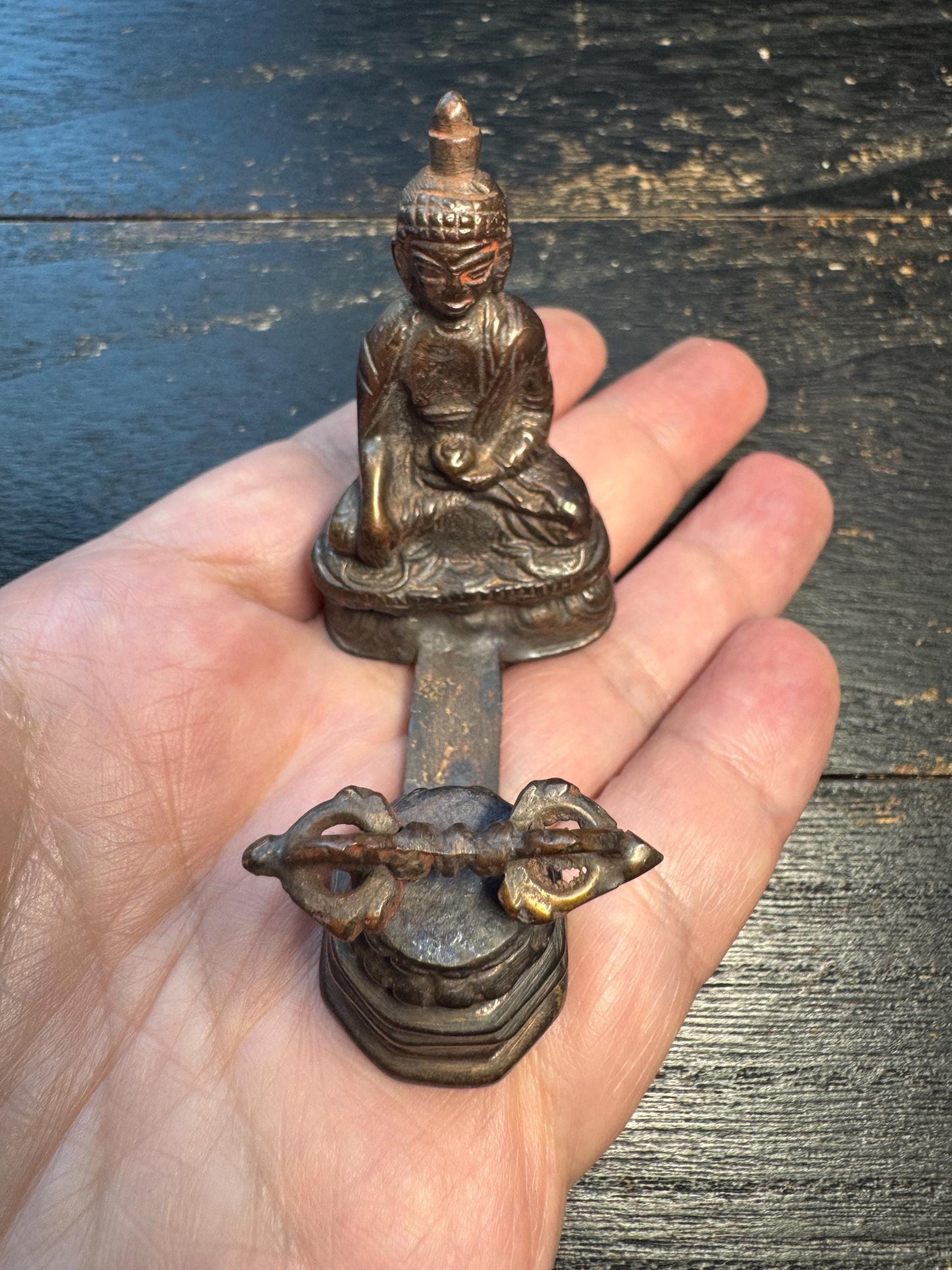 Vintage Tibetan Bronze Medicine Buddha Plaque with Double Vajra Base - Healing Amulet Altar Piece