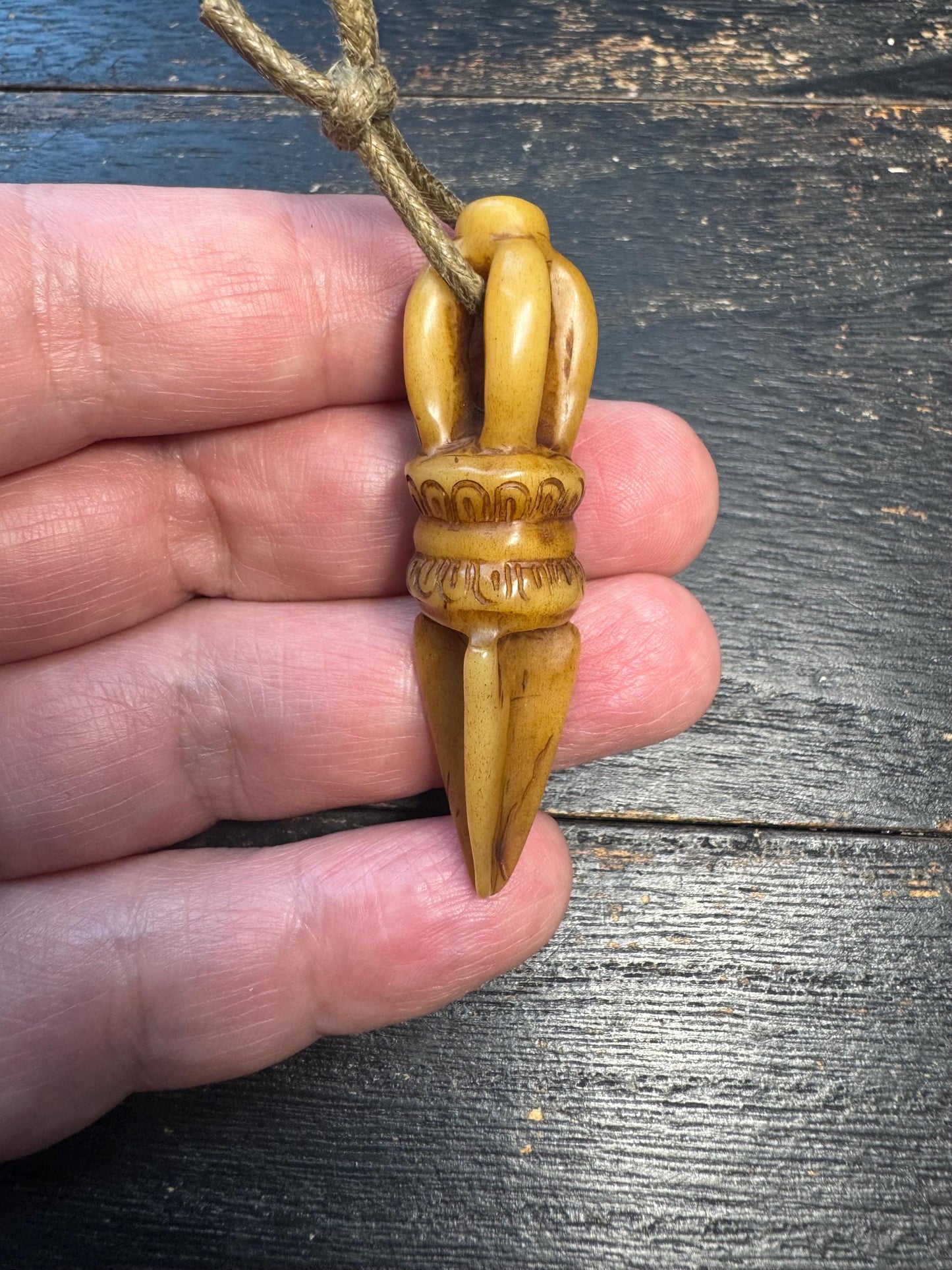 Hand-Carved Tibetan Yak Bone Phurba Dagger Pendant - Vajrakilaya Protection Amulet with Triple-Prong Base