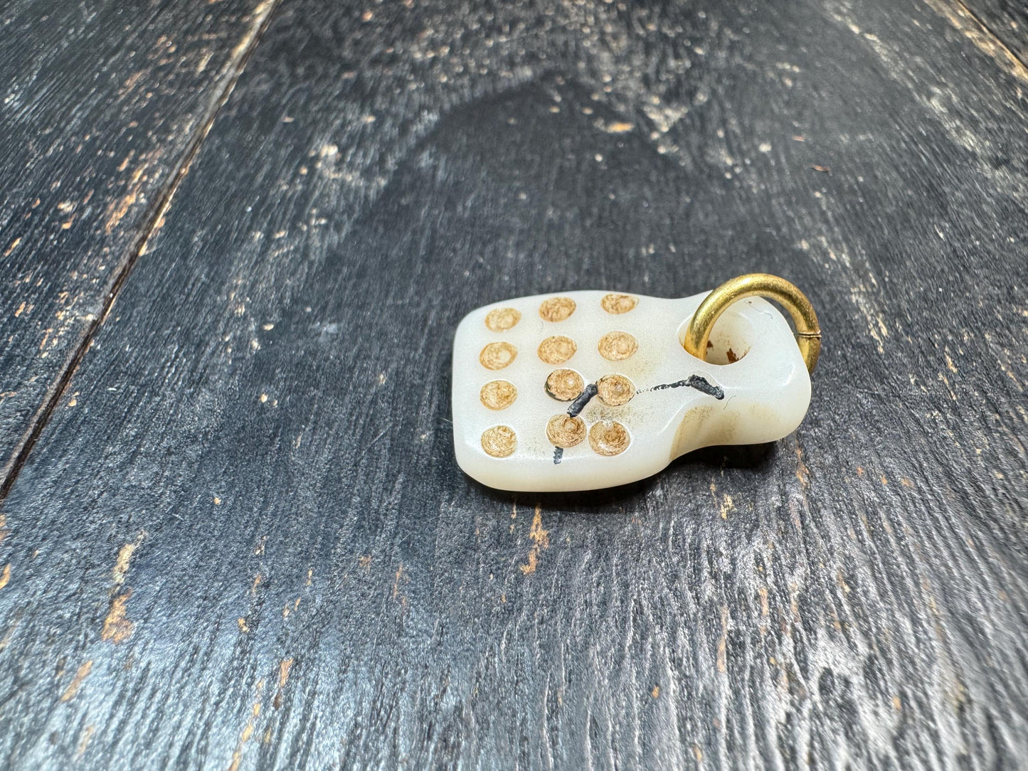 Vintage Mahjong Tile Pendant – Upcycled Mahjong Charm with Mantra Dot Design – Rustic Spiritual Amulet – Unique Asian Folk Jewelry