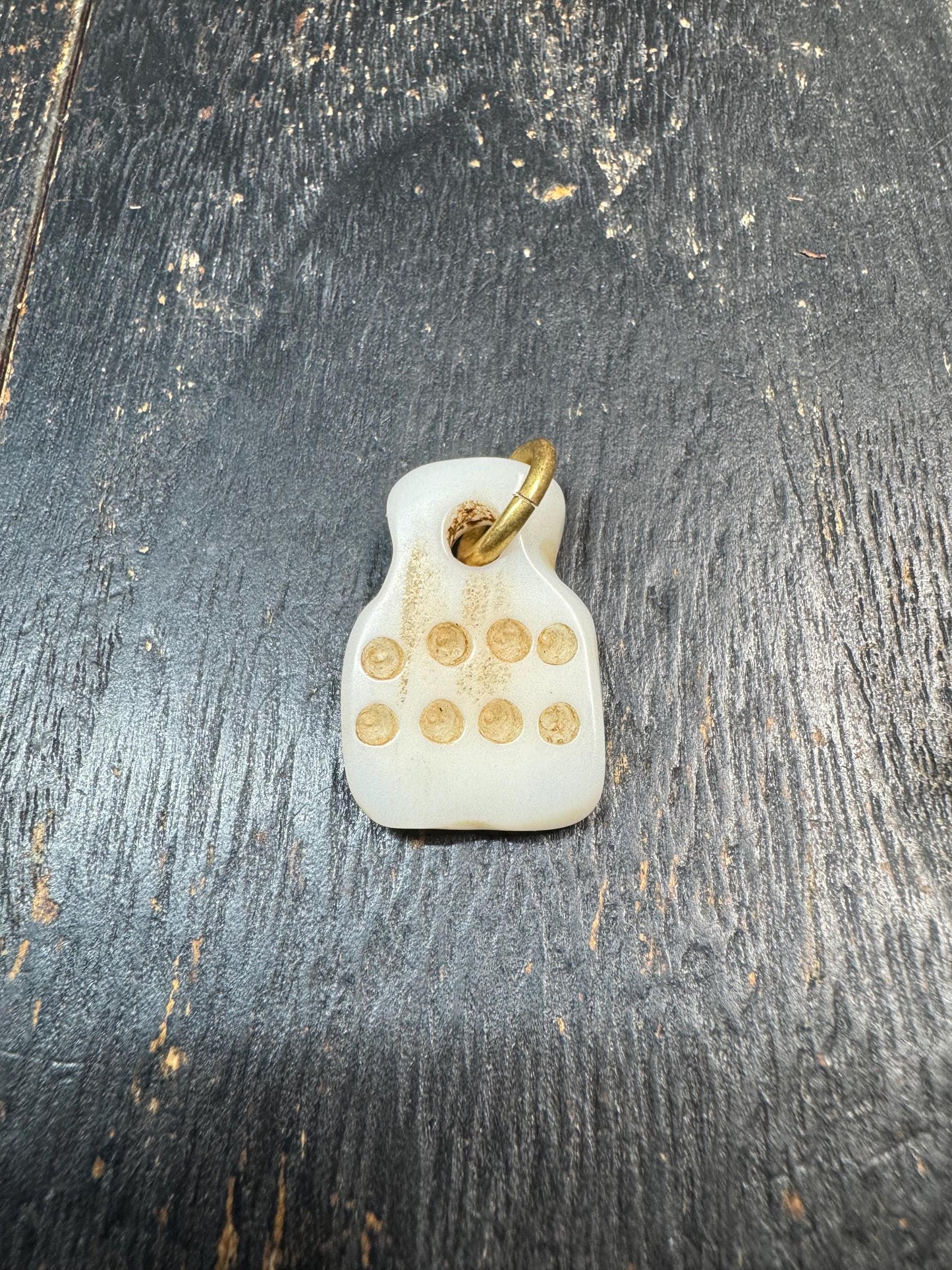 Vintage Mahjong Tile Pendant – Upcycled Mahjong Charm with Mantra Dot Design – Rustic Spiritual Amulet – Unique Asian Folk Jewelry