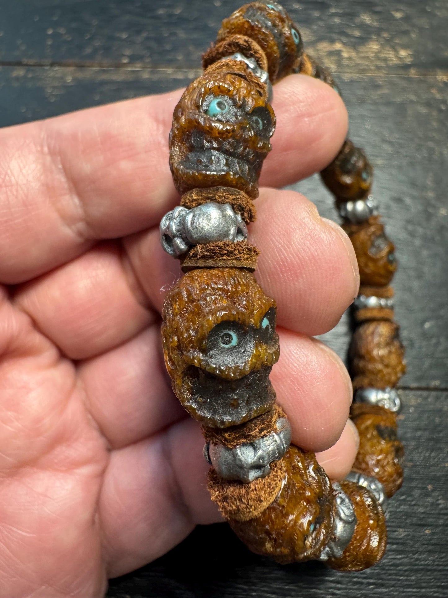 Tibetan Yak Bone Skull Bracelet – Chitipati Carved Bone Beads with White Copper Spacers, Leather Dividers, Buddhist Gothic Mala Style, 8 Inc