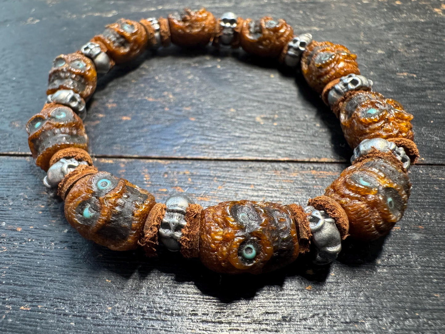 Tibetan Yak Bone Skull Bracelet – Chitipati Carved Bone Beads with White Copper Spacers, Leather Dividers, Buddhist Gothic Mala Style, 8 Inc