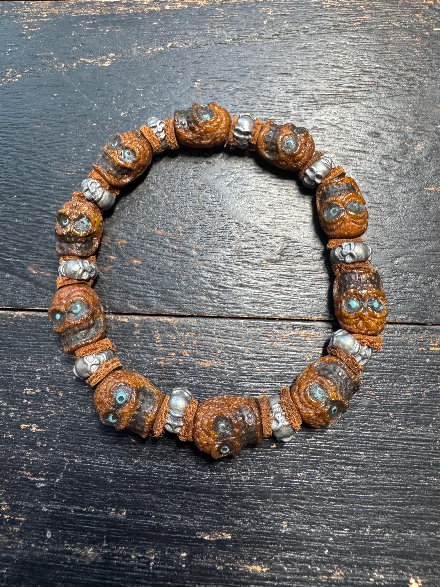 Tibetan Yak Bone Skull Bracelet – Chitipati Carved Bone Beads with White Copper Spacers, Leather Dividers, Buddhist Gothic Mala Style, 8 Inc
