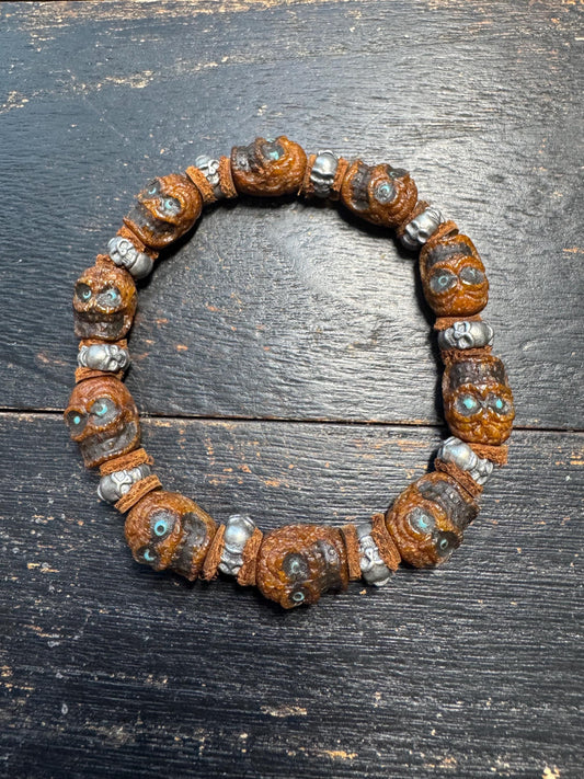 Tibetan Yak Bone Skull Bracelet – Chitipati Carved Bone Beads with White Copper Spacers, Leather Dividers, Buddhist Gothic Mala Style, 8 Inc