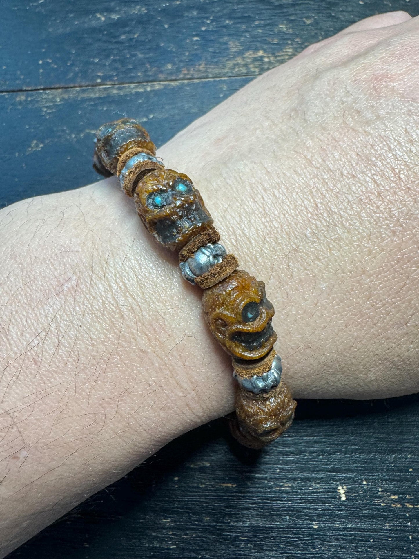 Tibetan Yak Bone Skull Bracelet – Chitipati Carved Bone Beads with White Copper Spacers, Leather Dividers, Buddhist Gothic Mala Style, 8 Inc