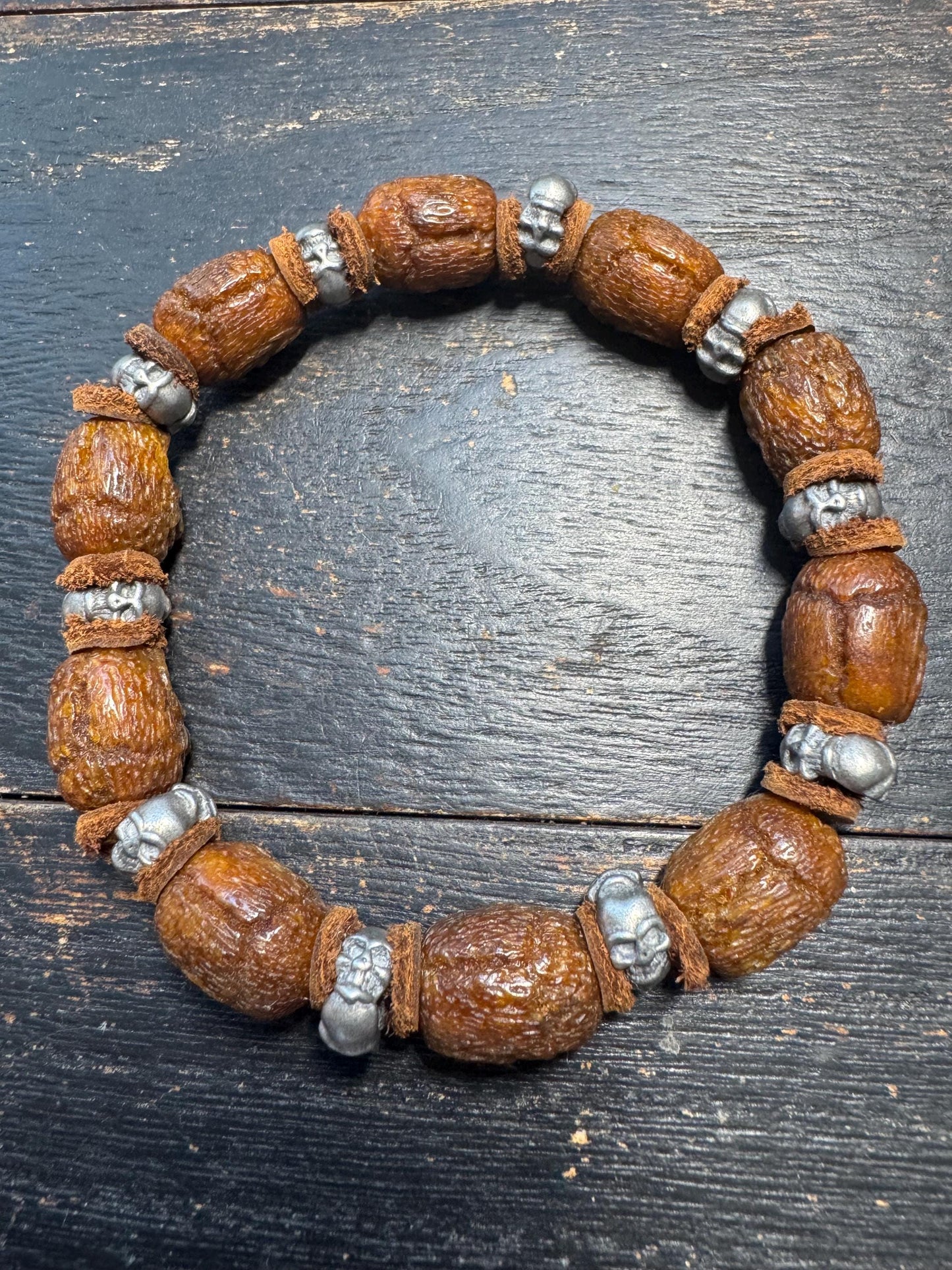Tibetan Yak Bone Skull Bracelet – Chitipati Carved Bone Beads with White Copper Spacers, Leather Dividers, Buddhist Gothic Mala Style, 8 Inc