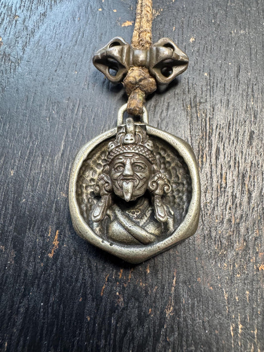 Vintage White Copper Mahakala Pendant – Wrathful Deity Protector | Past Life Karma | Leather Cord Buddhist Amulet Necklace