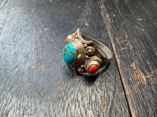 925 Sterling Silver Turquoise & Red Coral Statement Ring – Vintage Tibetan Style Adjustable Boho Tribal Ring