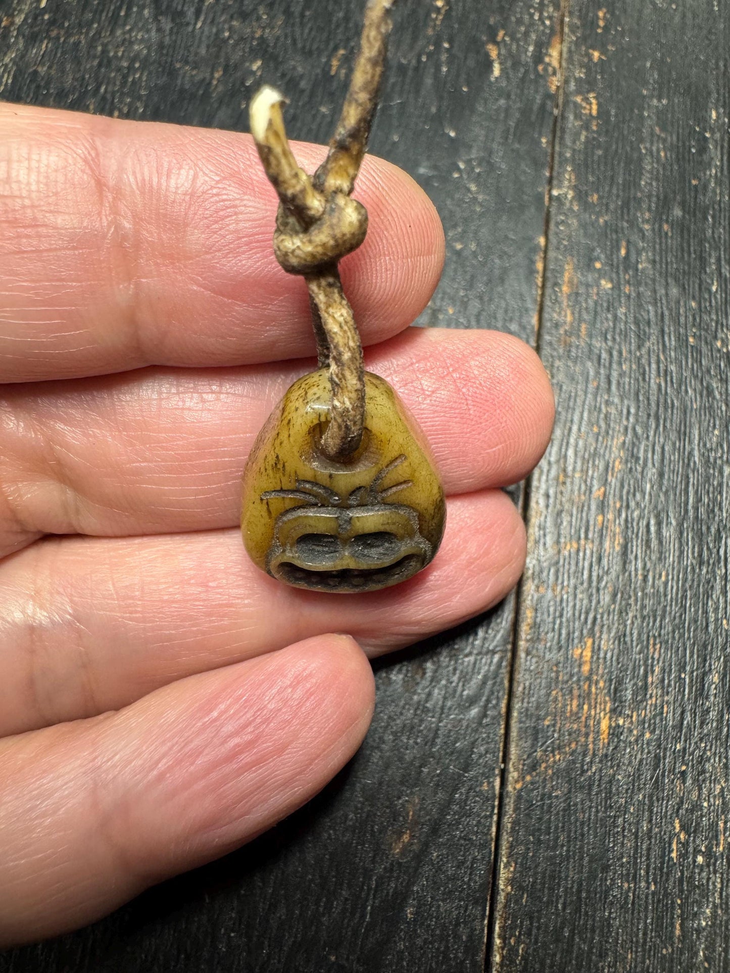 Hand Carved Yak Bone Charnel Ground Amulet with Sheepskin Cord | Tibetan Skull Spirit Pendant | Buddhist Protection Talisman | Himalayan Tri