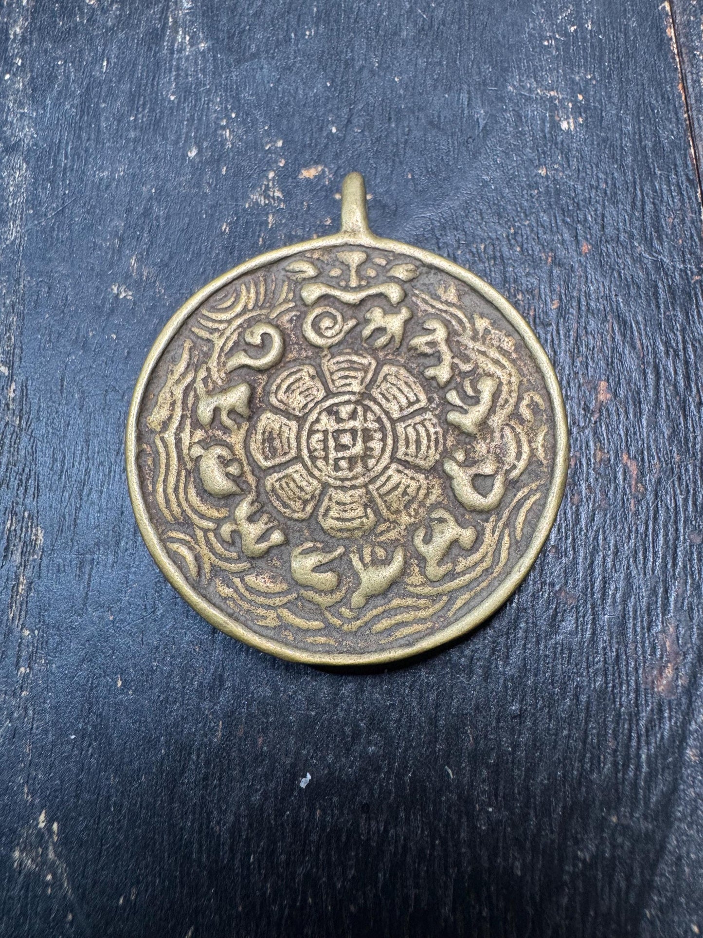 Handmade Tibetan Nine Palace Bagua Bronze Pendant with Endless Knot Dragons Back - Feng Shui Buddhist Amulet Necklace Charm