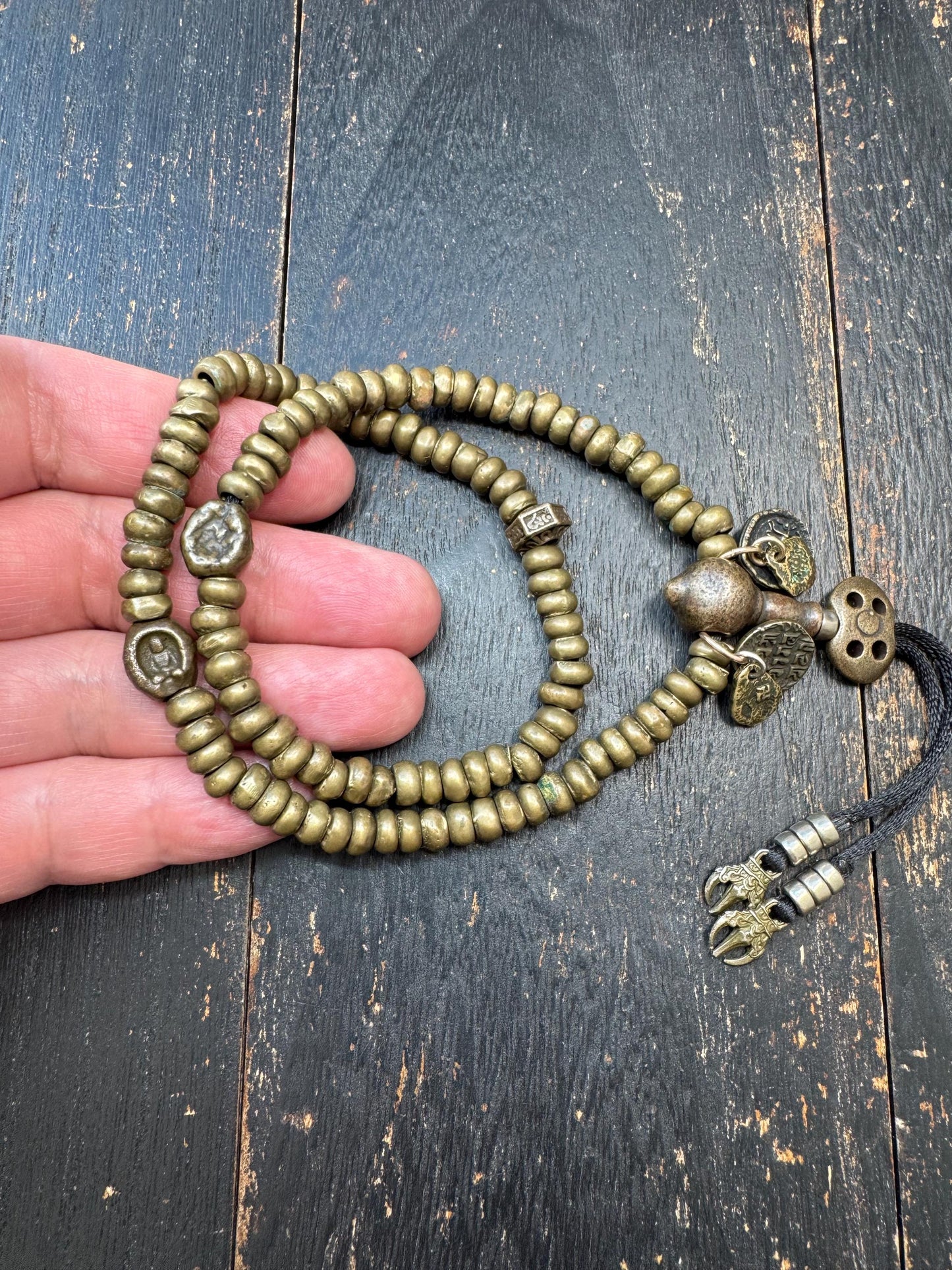Vintage Brass Mala 108 Beads, Tibetan Prayer Beads Necklace, Wrap Mala Bracelet, Adjustable Buddhist Meditation Mala