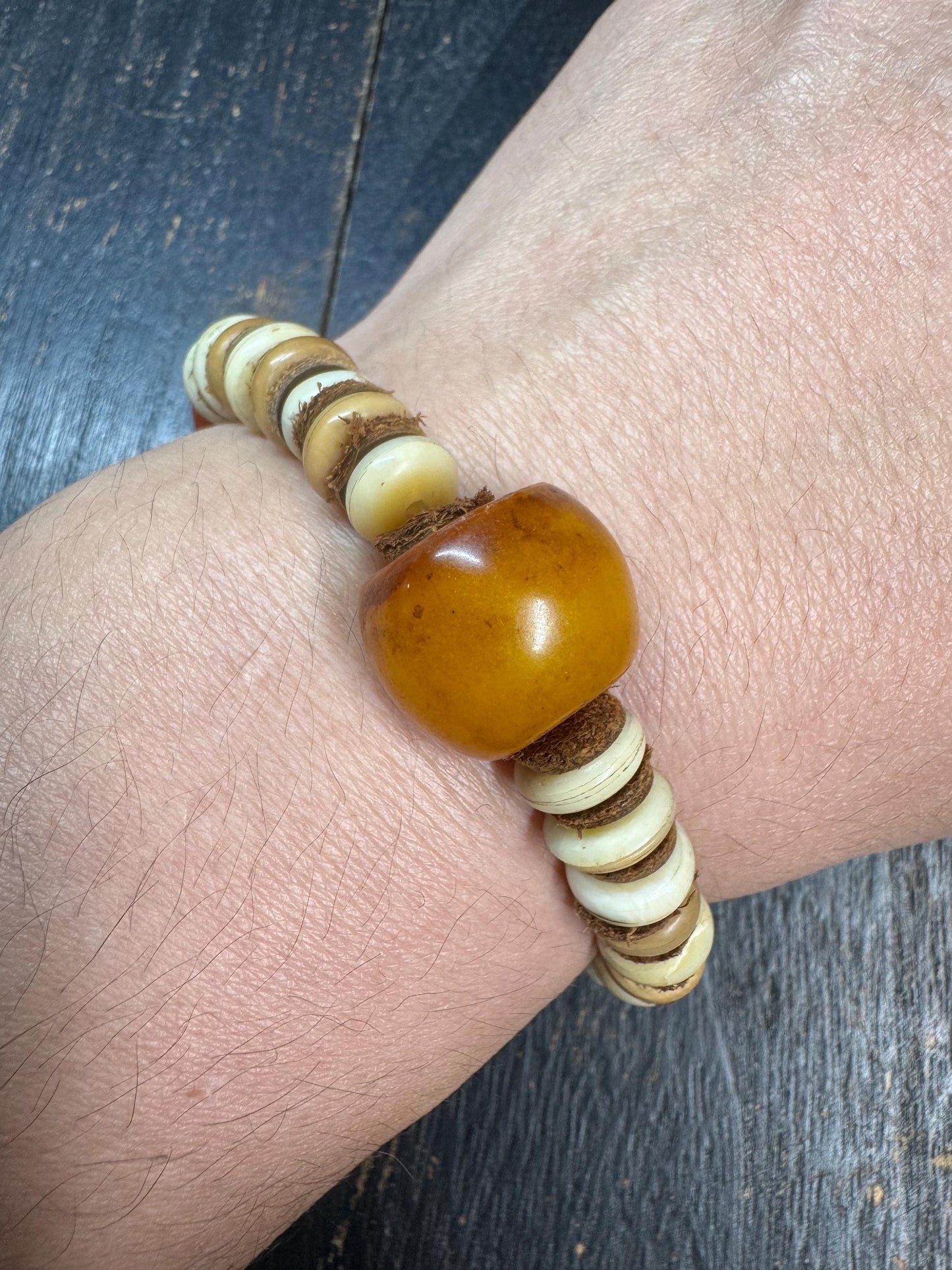 Nanhong Agate Bracelet with Citipati Glass Bead, Vintage Resin Bead, Handmade Yak Bone Bracelet, Tibetan Style Tribal Jewelry