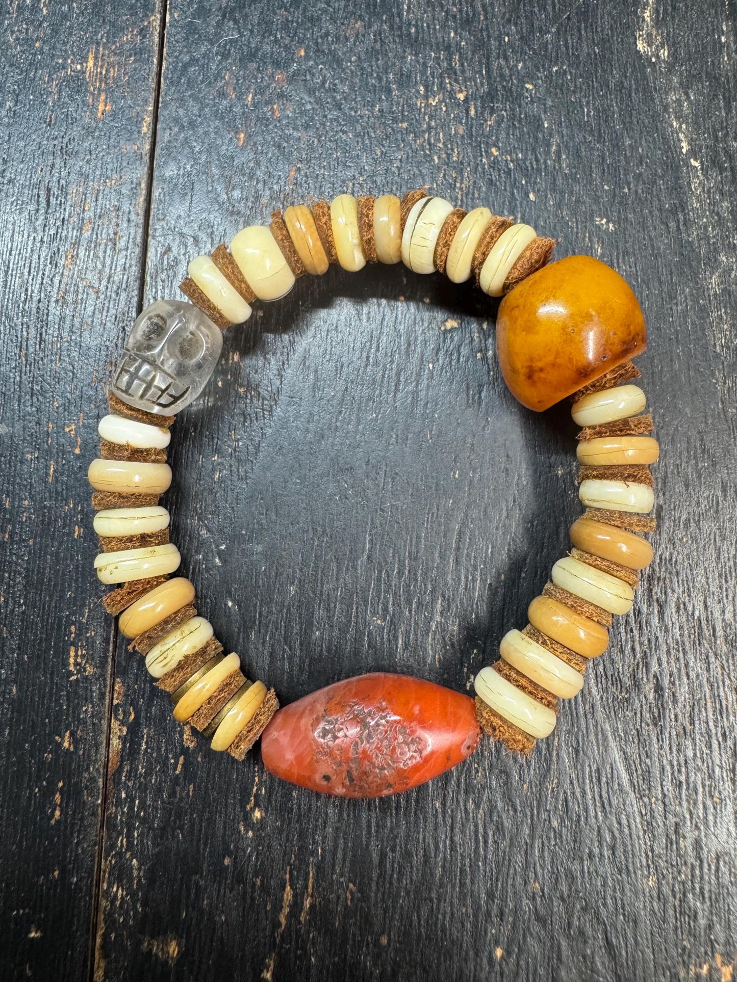 Nanhong Agate Bracelet with Citipati Glass Bead, Vintage Resin Bead, Handmade Yak Bone Bracelet, Tibetan Style Tribal Jewelry