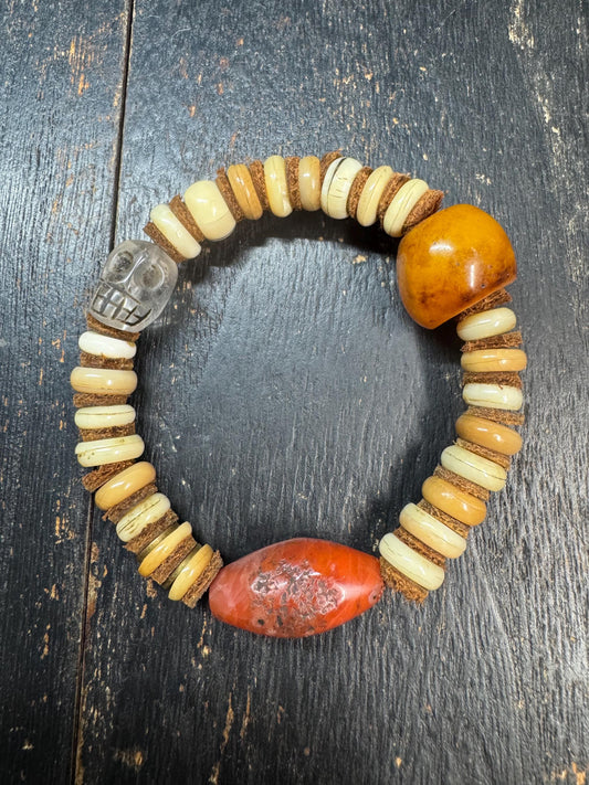 Nanhong Agate Bracelet with Citipati Glass Bead, Vintage Resin Bead, Handmade Yak Bone Bracelet, Tibetan Style Tribal Jewelry