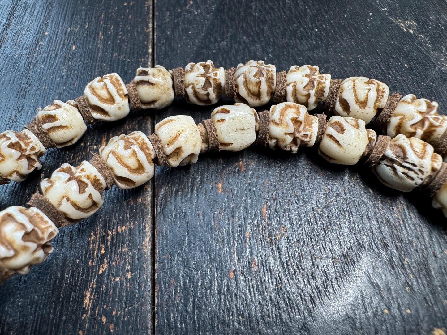 54 Bead Yak Bone Skull Mala – Hand Carved Chitipati Style Bone Necklace – 24 Inch Tibetan Inspired Meditation Mala – Sheepskin Spacers –
