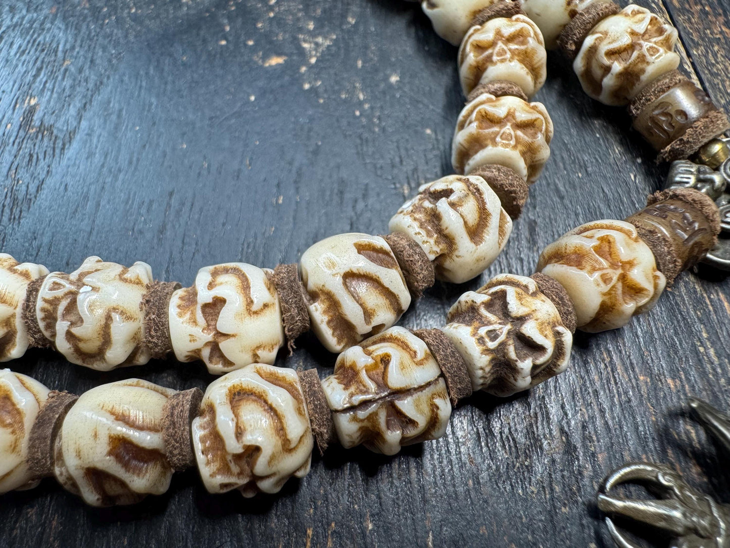 54 Bead Yak Bone Skull Mala – Hand Carved Chitipati Style Bone Necklace – 24 Inch Tibetan Inspired Meditation Mala – Sheepskin Spacers –