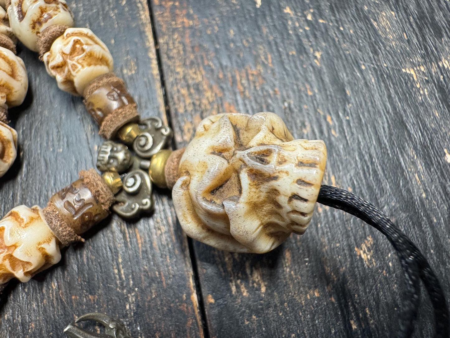 54 Bead Yak Bone Skull Mala – Hand Carved Chitipati Style Bone Necklace – 24 Inch Tibetan Inspired Meditation Mala – Sheepskin Spacers –