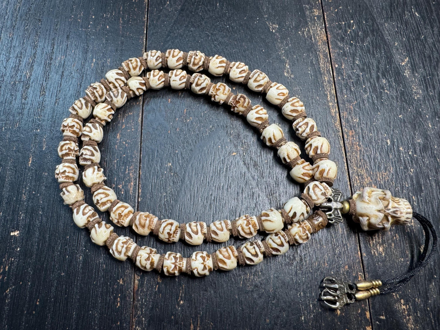 54 Bead Yak Bone Skull Mala – Hand Carved Chitipati Style Bone Necklace – 24 Inch Tibetan Inspired Meditation Mala – Sheepskin Spacers –