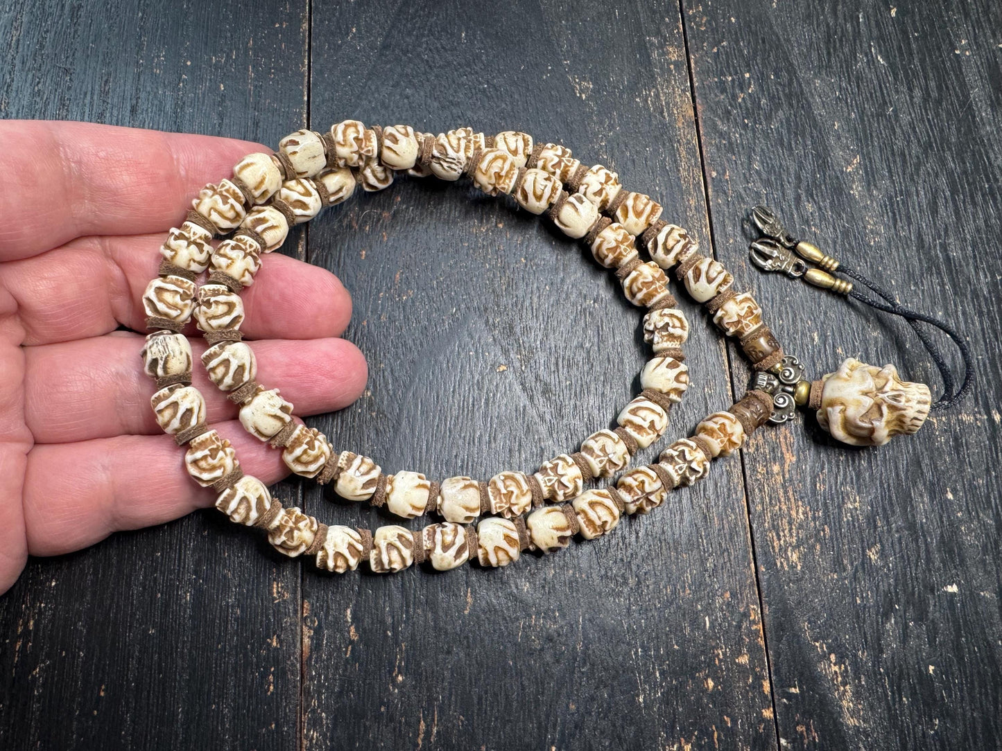 54 Bead Yak Bone Skull Mala – Hand Carved Chitipati Style Bone Necklace – 24 Inch Tibetan Inspired Meditation Mala – Sheepskin Spacers –