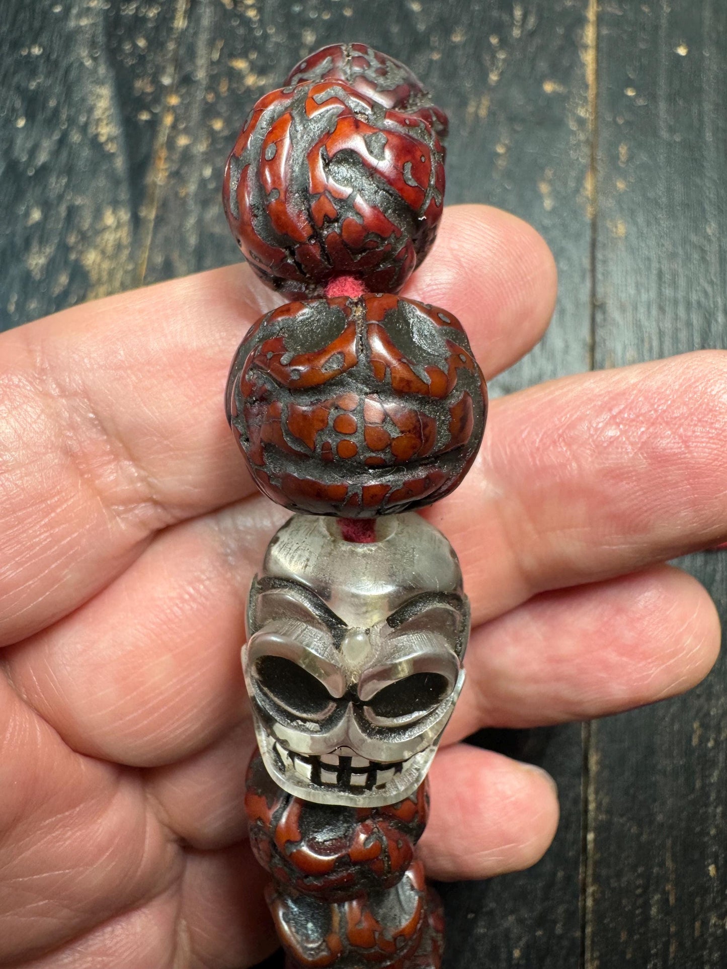 Carved Bodhi Seed Skull Bracelet – Tibetan Chitipati Style Beads with Glass Skull & Green Guru Bead – Tantric Protection Bracelet