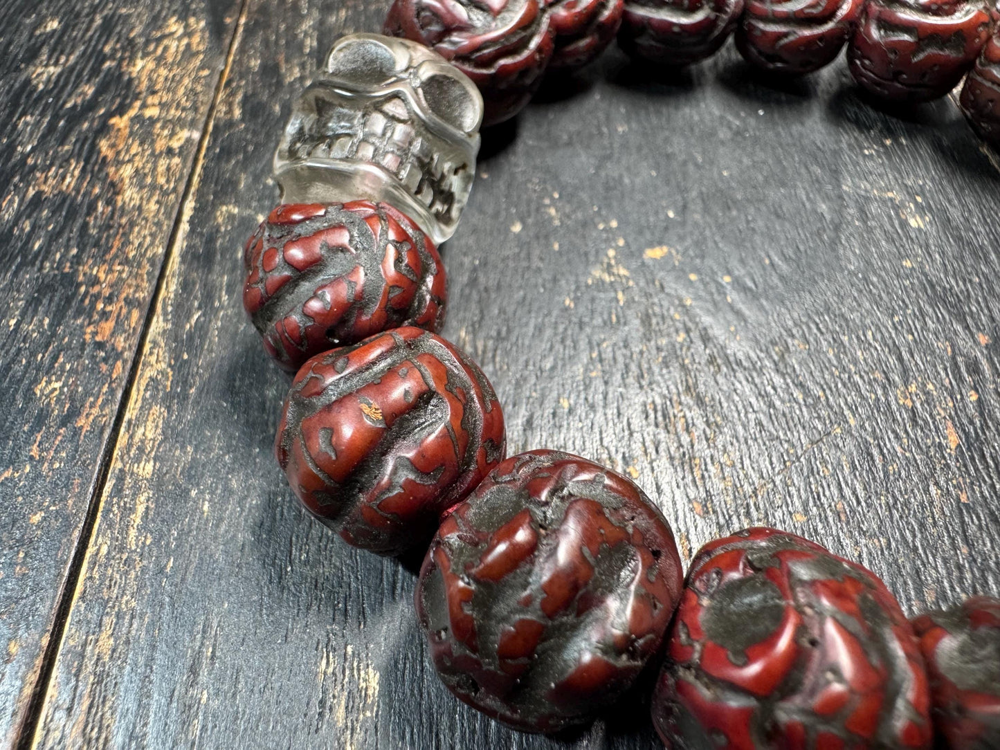 Carved Bodhi Seed Skull Bracelet – Tibetan Chitipati Style Beads with Glass Skull & Green Guru Bead – Tantric Protection Bracelet