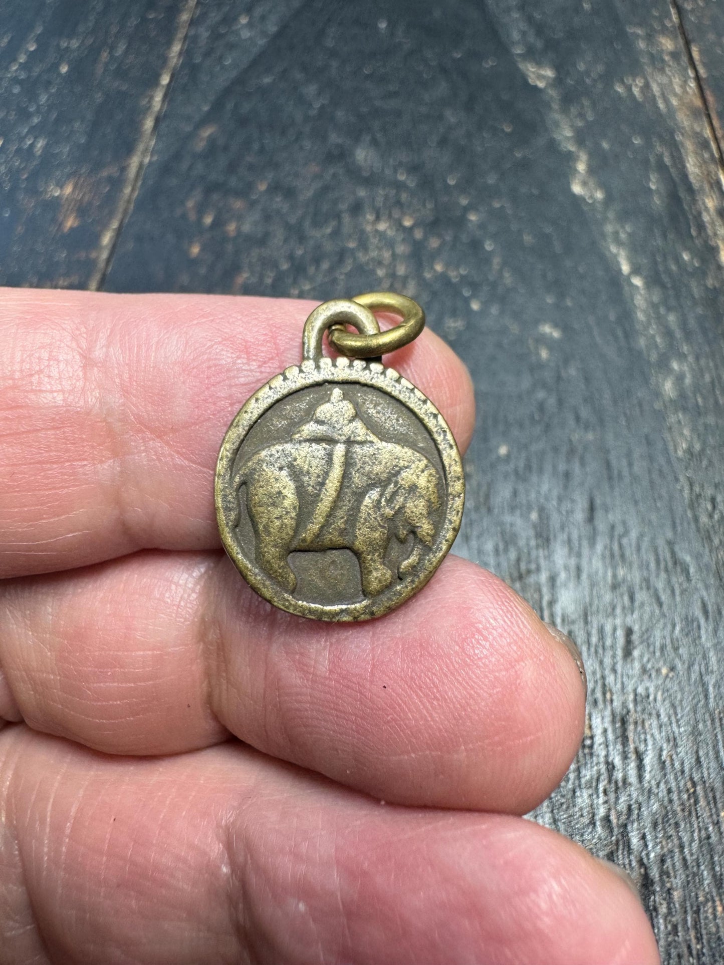 Vintage Brass Elephant Pendant with Vajra Symbol, Buddhist Protection Amulet, Nepal Style Charm, Small Tribal Brass Talisman