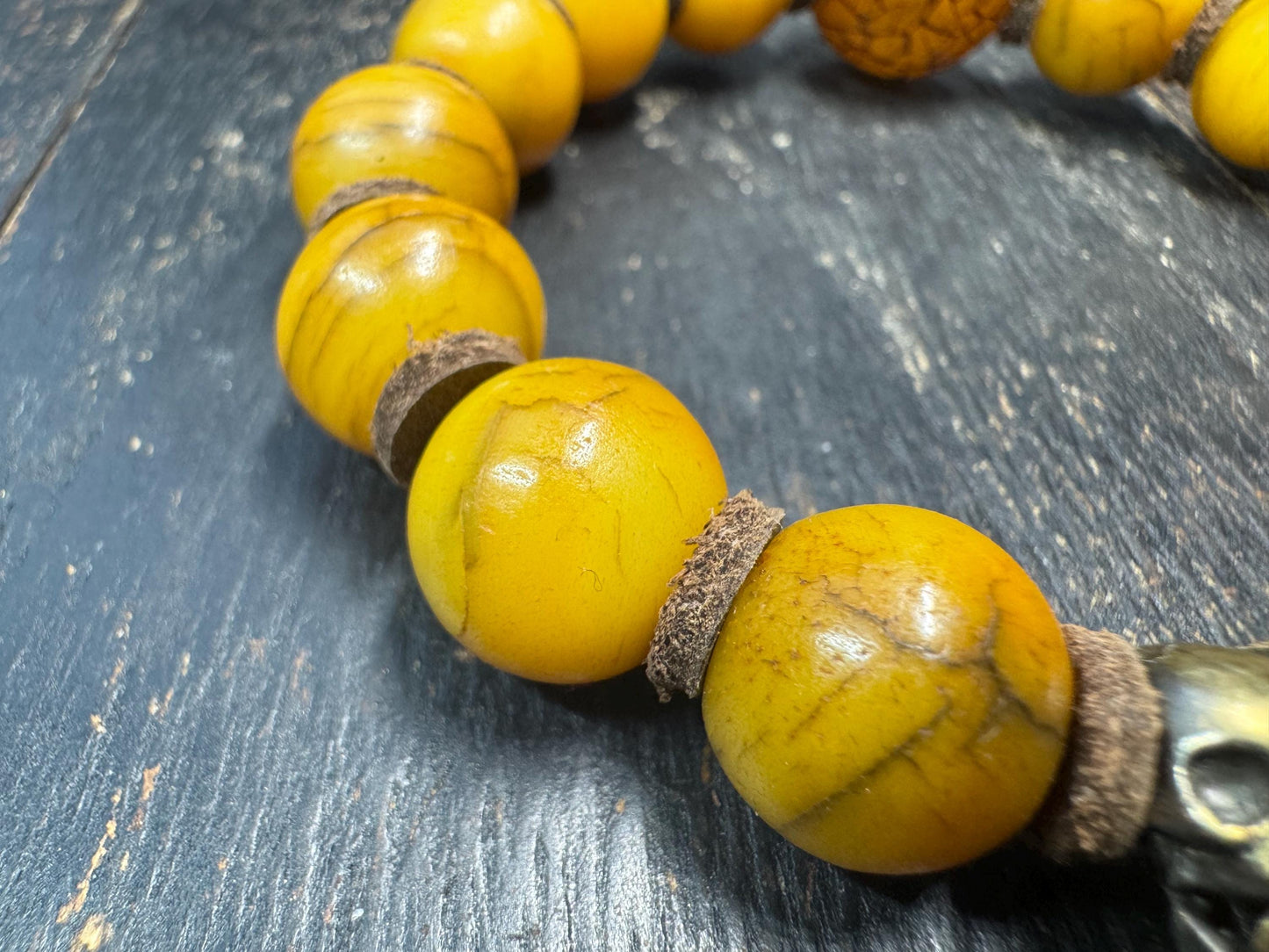Vintage Yak Bone Bead Bracelet – 14mm Tibetan Style Bone Beads with Brass Skull Accent, Ethnic Tribal Bracelet, Spiritual Jewelry