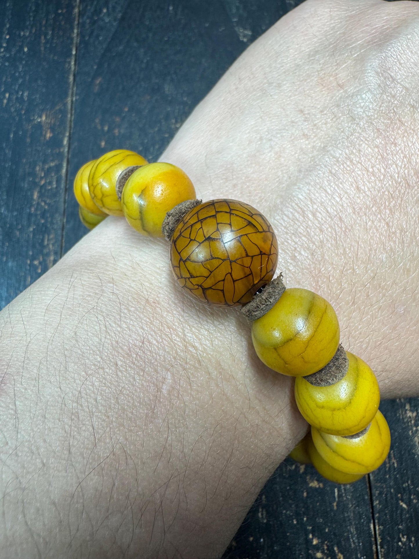 Vintage Yak Bone Bead Bracelet – 14mm Tibetan Style Bone Beads with Brass Skull Accent, Ethnic Tribal Bracelet, Spiritual Jewelry