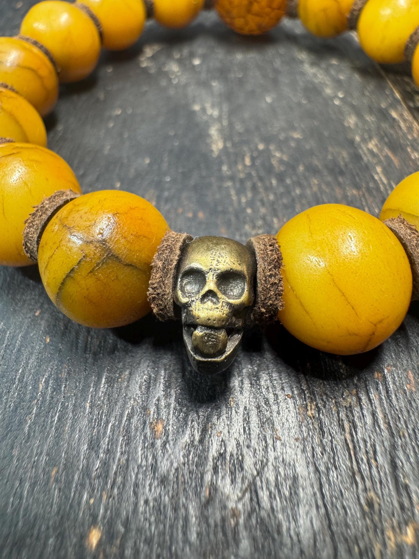 Vintage Yak Bone Bead Bracelet – 14mm Tibetan Style Bone Beads with Brass Skull Accent, Ethnic Tribal Bracelet, Spiritual Jewelry