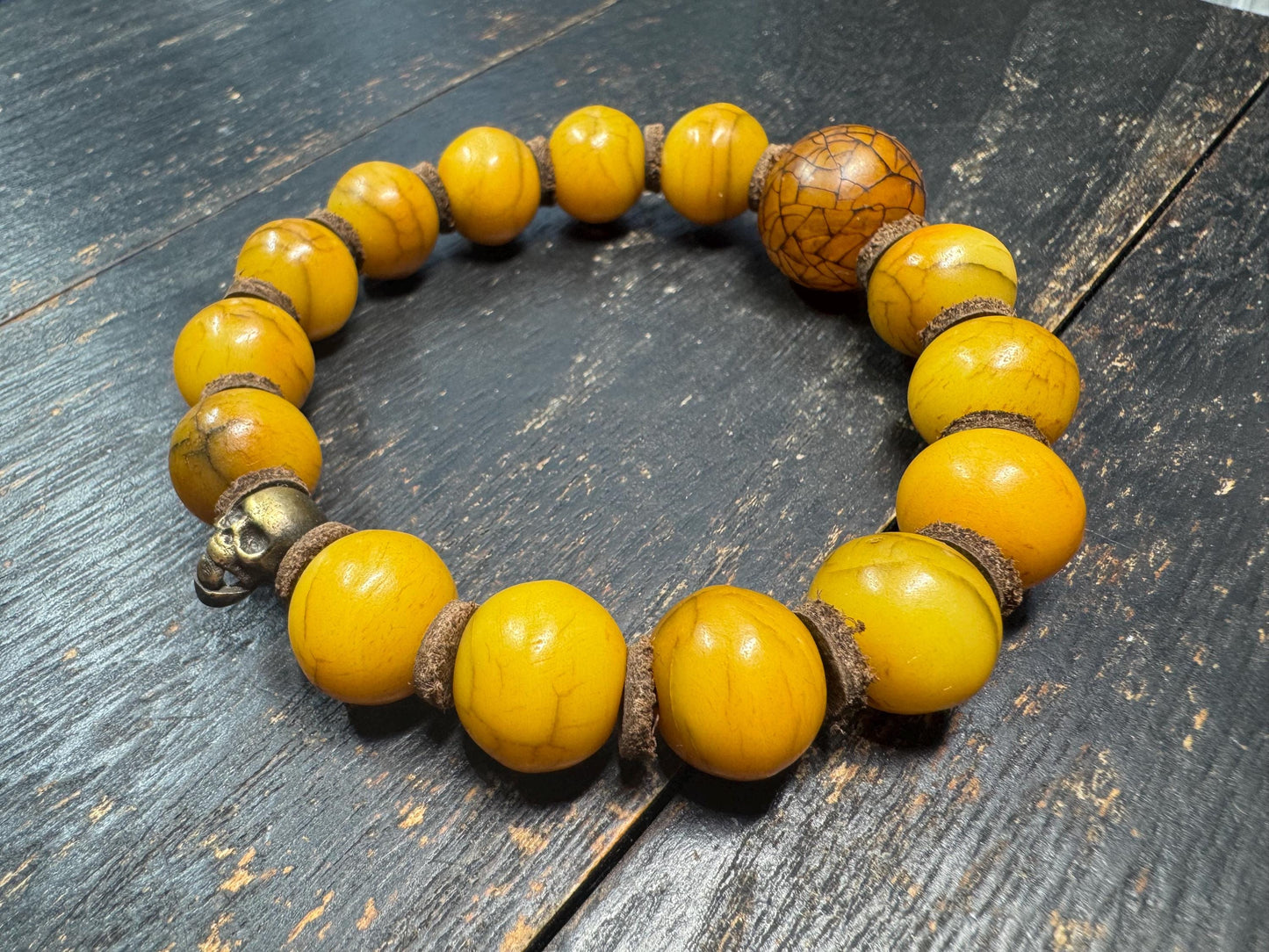 Vintage Yak Bone Bead Bracelet – 14mm Tibetan Style Bone Beads with Brass Skull Accent, Ethnic Tribal Bracelet, Spiritual Jewelry