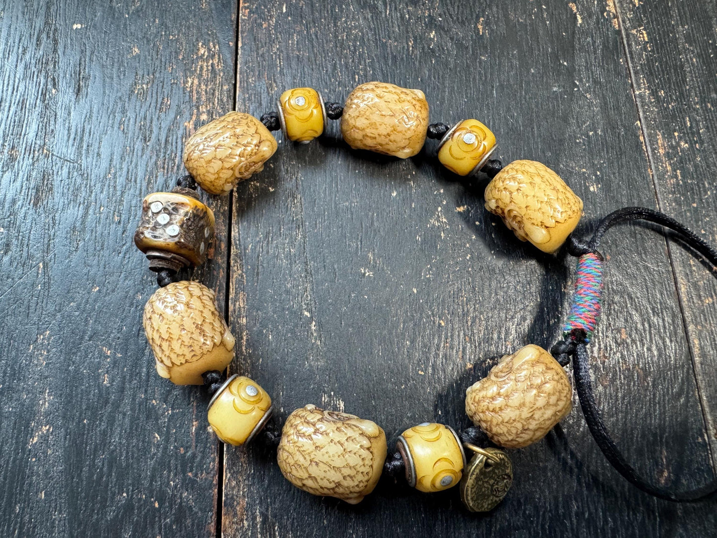 Tibetan Yak Bone Mahakala Bracelet, Hand Carved Wrathful Deity Skull Bracelet, Himalayan Buddhist Protection Amulet, Tantric Bone Bead Brace