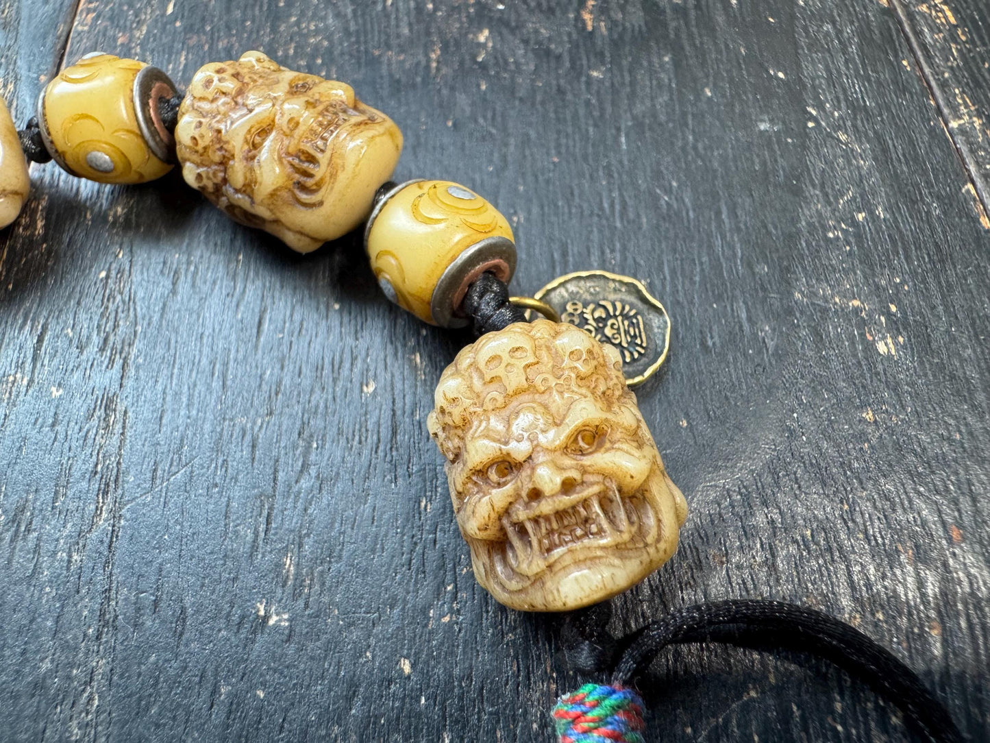 Tibetan Yak Bone Mahakala Bracelet, Hand Carved Wrathful Deity Skull Bracelet, Himalayan Buddhist Protection Amulet, Tantric Bone Bead Brace