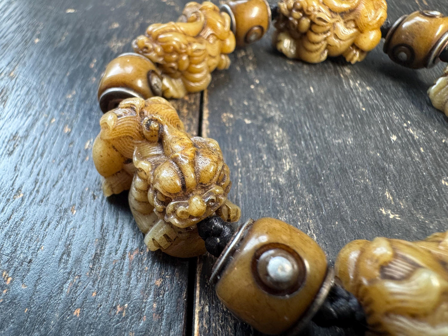 Tibetan Yak Bone Pixiu Bracelet with Brass Guru Bead, Hand Carved Fu Dog Wealth Talisman Bracelet, Tibetan Bone Bead Bracelet with Mantra Sp