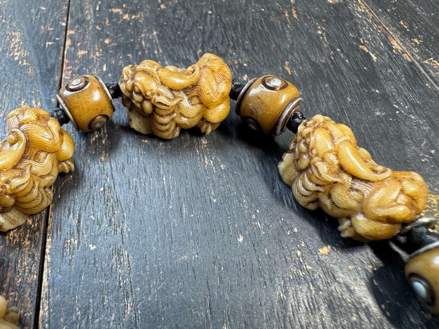 Tibetan Yak Bone Pixiu Bracelet with Brass Guru Bead, Hand Carved Fu Dog Wealth Talisman Bracelet, Tibetan Bone Bead Bracelet with Mantra Sp