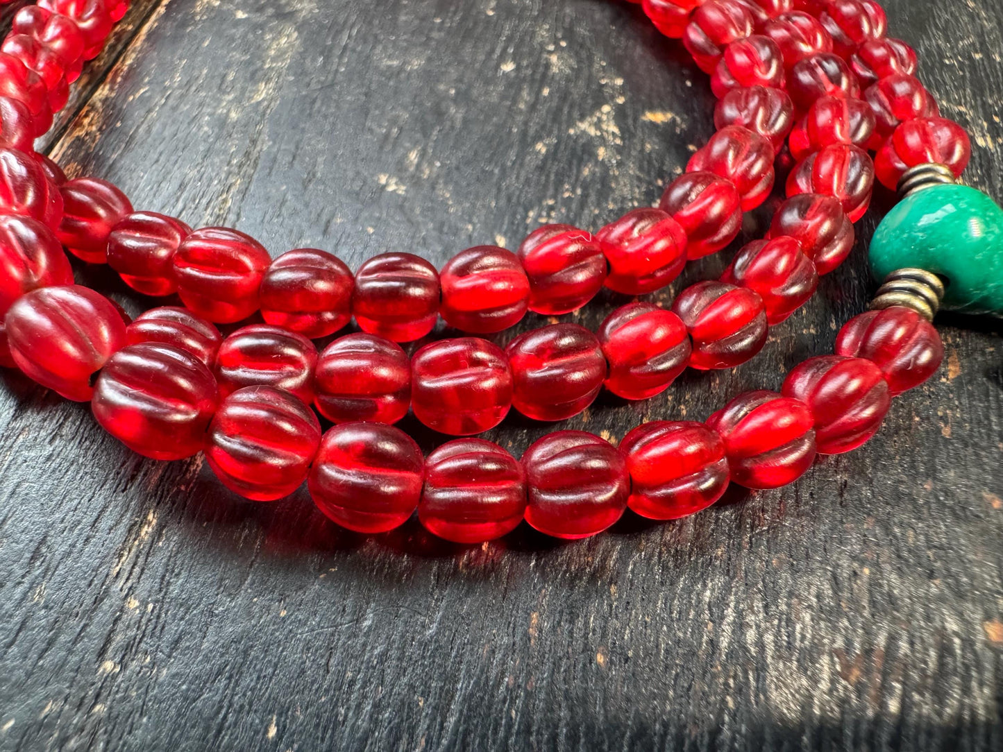 108 Bead Red Glass Mala Necklace | Vintage Tibetan Style Prayer Beads with Brass Accents & Guru Bead | Buddhist Meditation Mala | Statement