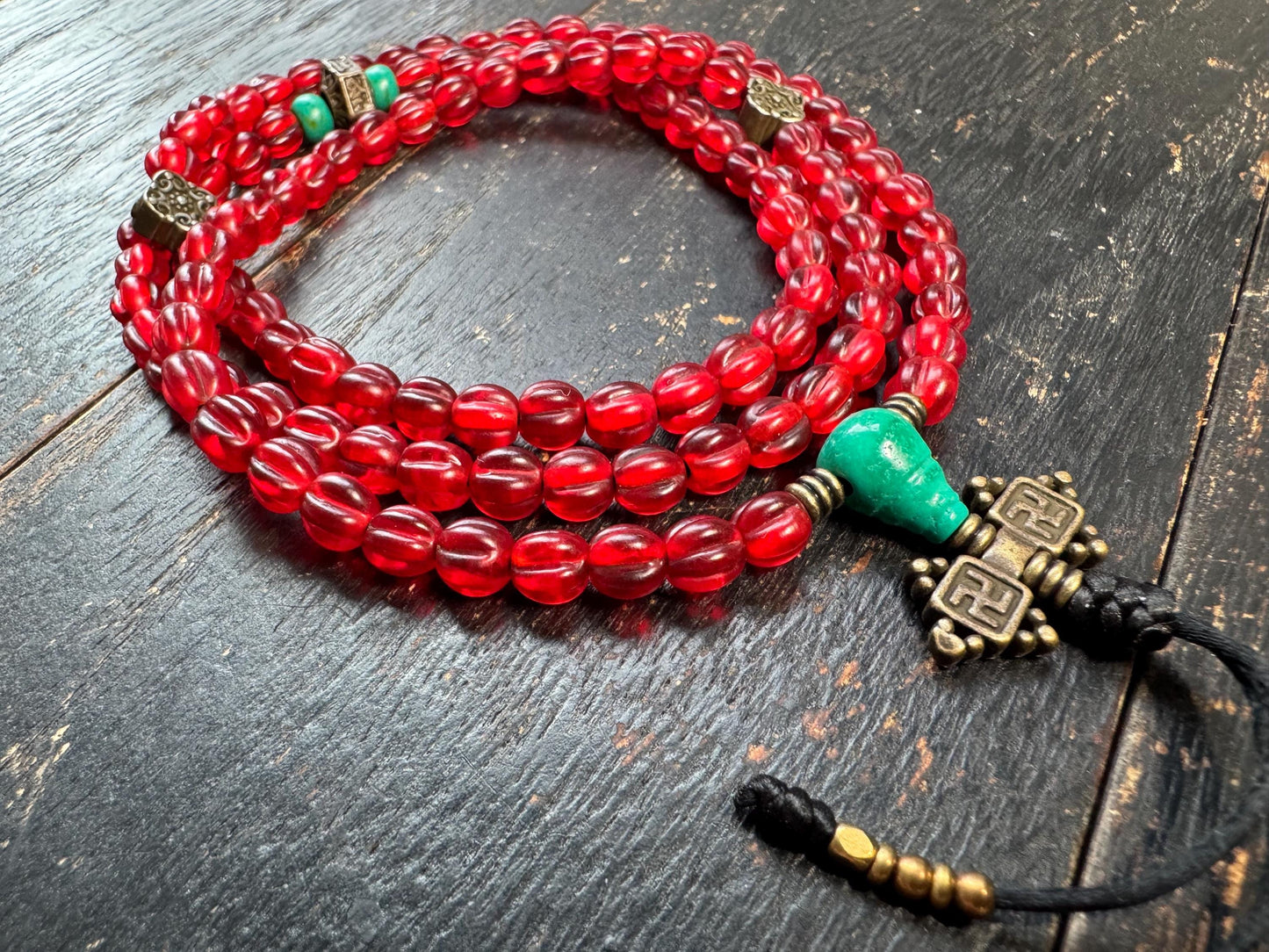 108 Bead Red Glass Mala Necklace | Vintage Tibetan Style Prayer Beads with Brass Accents & Guru Bead | Buddhist Meditation Mala | Statement