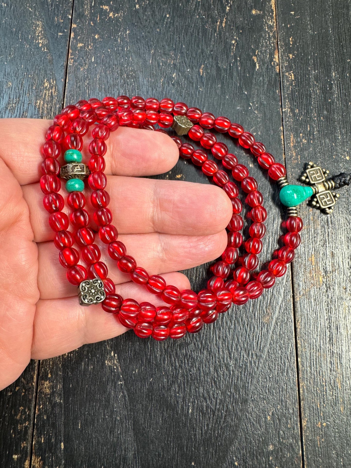 108 Bead Red Glass Mala Necklace | Vintage Tibetan Style Prayer Beads with Brass Accents & Guru Bead | Buddhist Meditation Mala | Statement