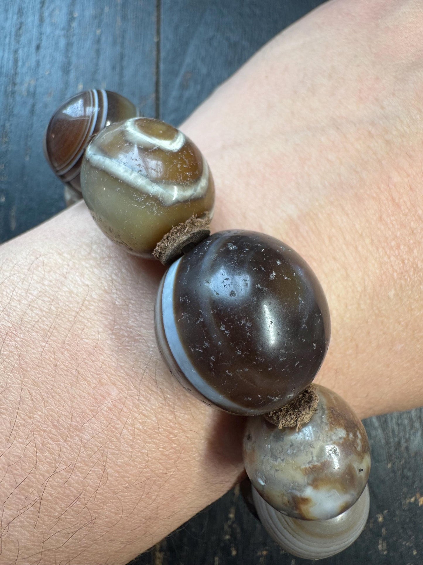 Vintage Banded Agate Bead Bracelet – Sulemani Agate & Zhang Zhung Style Eye Beads, Large Tibetan Style Stone Bracelet, Ethnic Tribal Jewelry