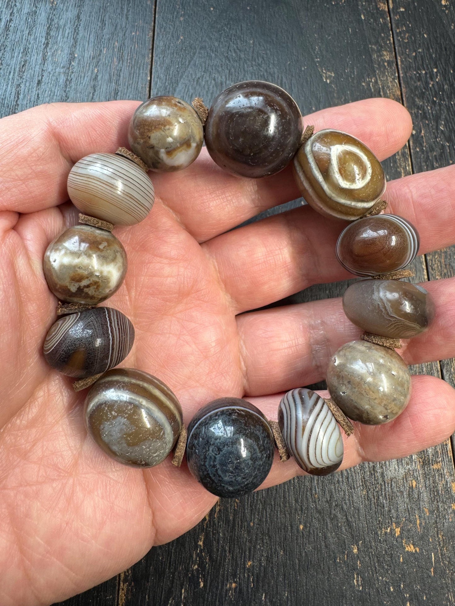 Vintage Banded Agate Bead Bracelet – Sulemani Agate & Zhang Zhung Style Eye Beads, Large Tibetan Style Stone Bracelet, Ethnic Tribal Jewelry