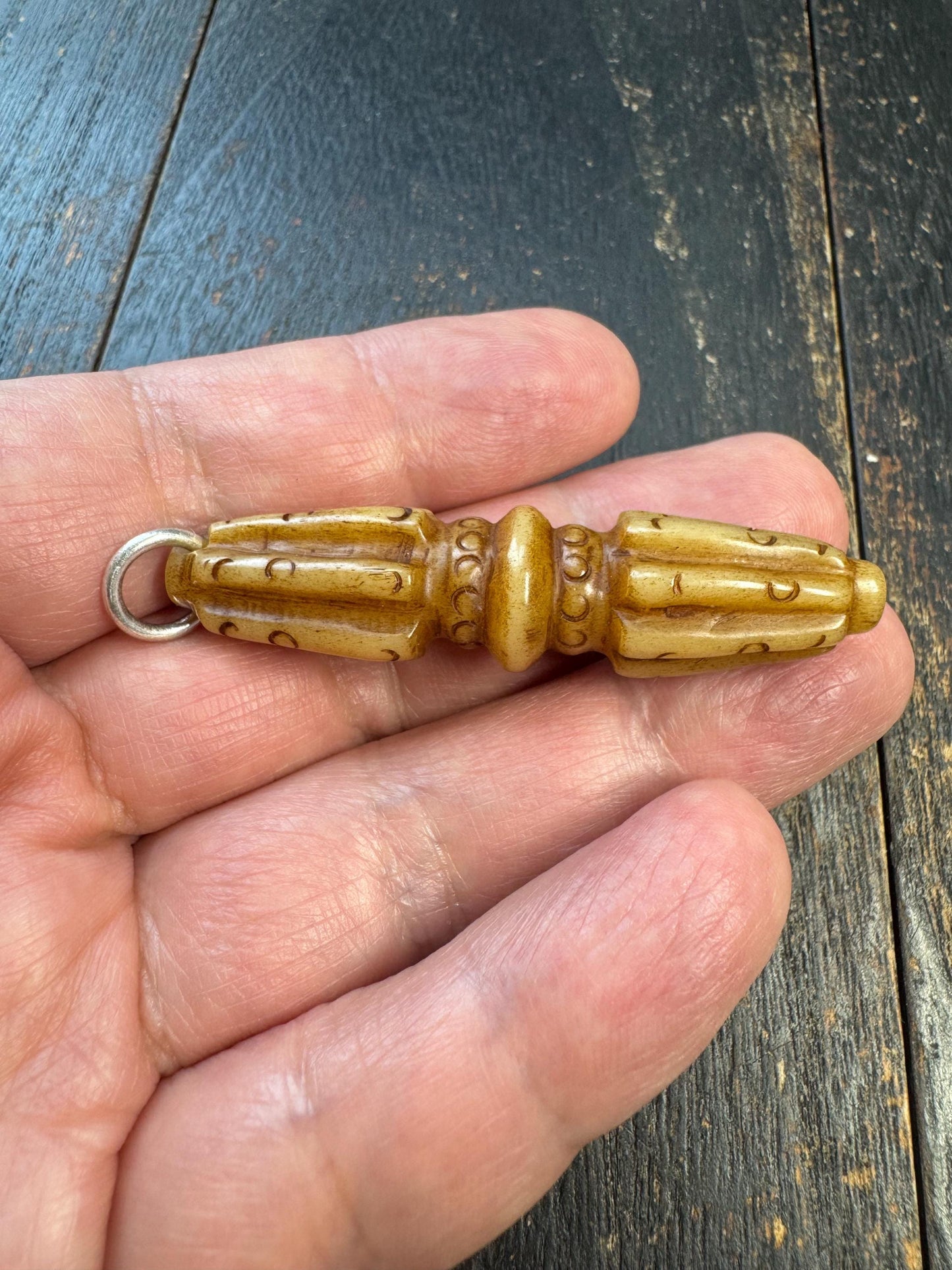 Hand Carved Yak Bone Vajra Pendant – Tibetan Dorje Amulet with Mantra Dots, Himalayan Spiritual Protection Talisman