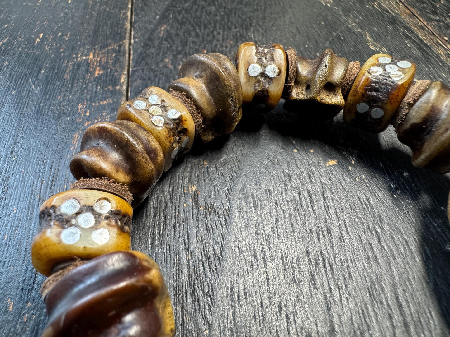 Tibetan Yak Bone Skull Bracelet with Metal Inlay | Chitipati Kapala Bone Bead Bracelet | Himalayan Gothic Buddhist Protection Bracelet