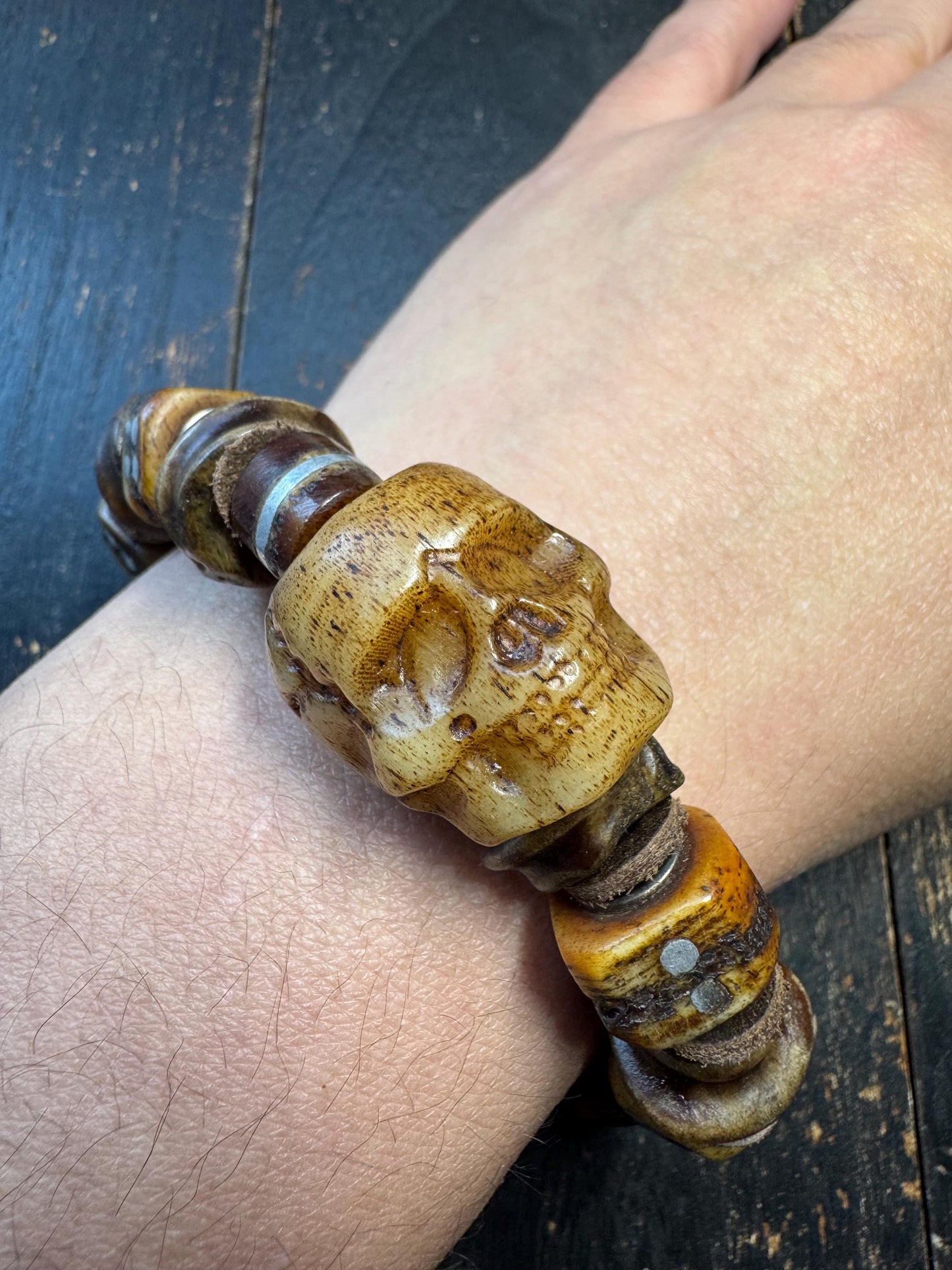 Tibetan Yak Bone Skull Bracelet with Metal Inlay | Chitipati Kapala Bone Bead Bracelet | Himalayan Gothic Buddhist Protection Bracelet