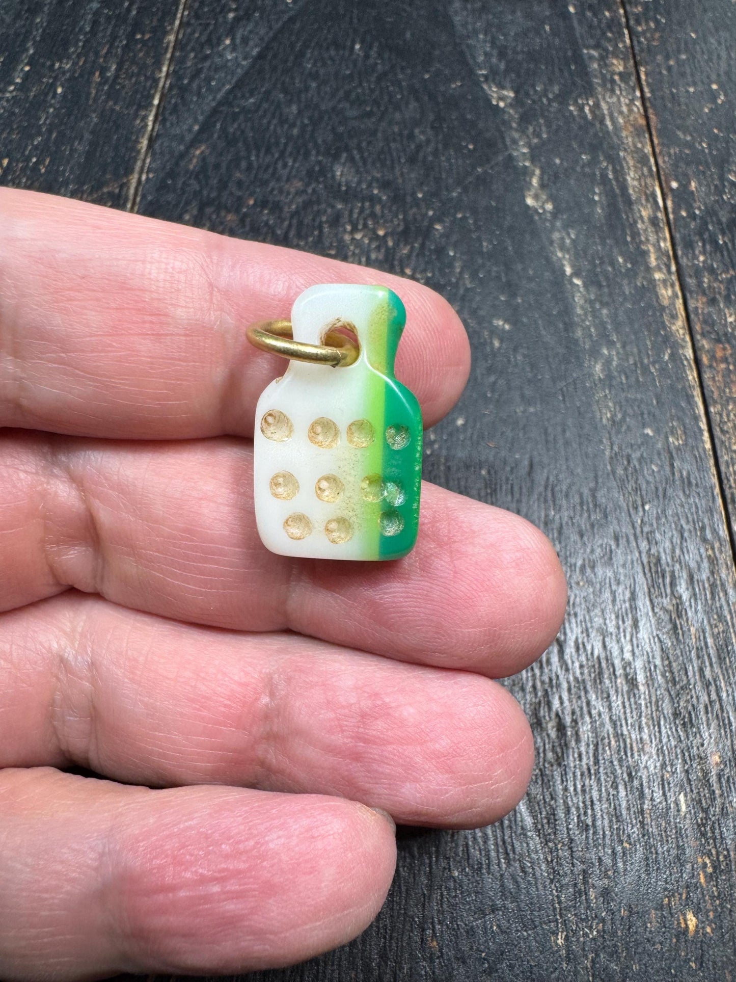 Vintage Mahjong Tile Pendant with Mantra Dots – Upcycled Game Piece Amulet Charm – Tibetan Style Prayer Pendant – Unique Rustic Jewelry