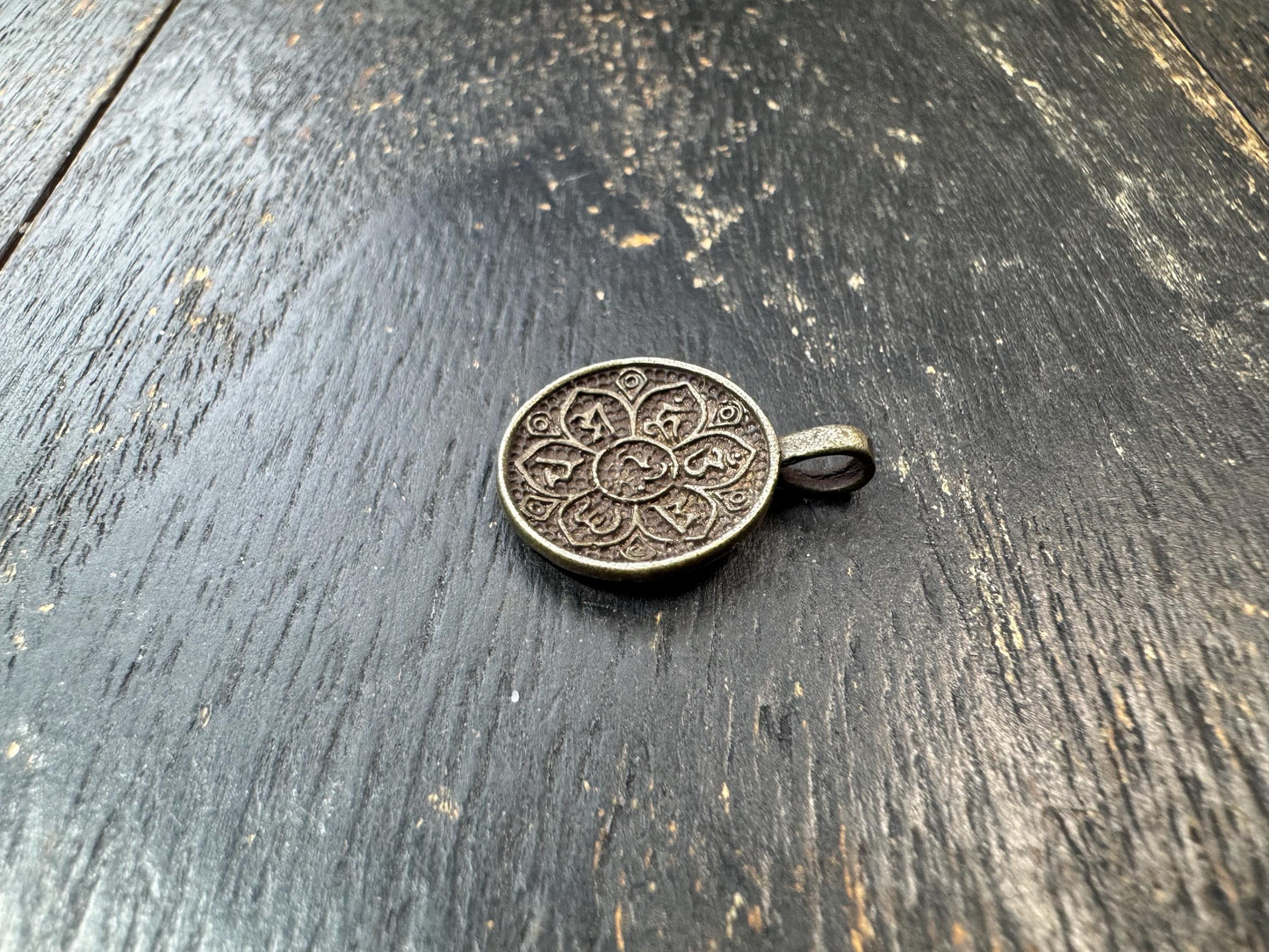 Tibetan Om Mani Padme Hum Brass Pendant | Buddhist Lotus Mantra Charm | Double Sided Tibetan Amulet | Buddhist Symbol Pendant