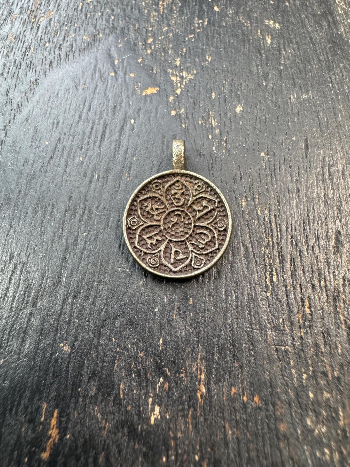 Tibetan Om Mani Padme Hum Brass Pendant | Buddhist Lotus Mantra Charm | Double Sided Tibetan Amulet | Buddhist Symbol Pendant