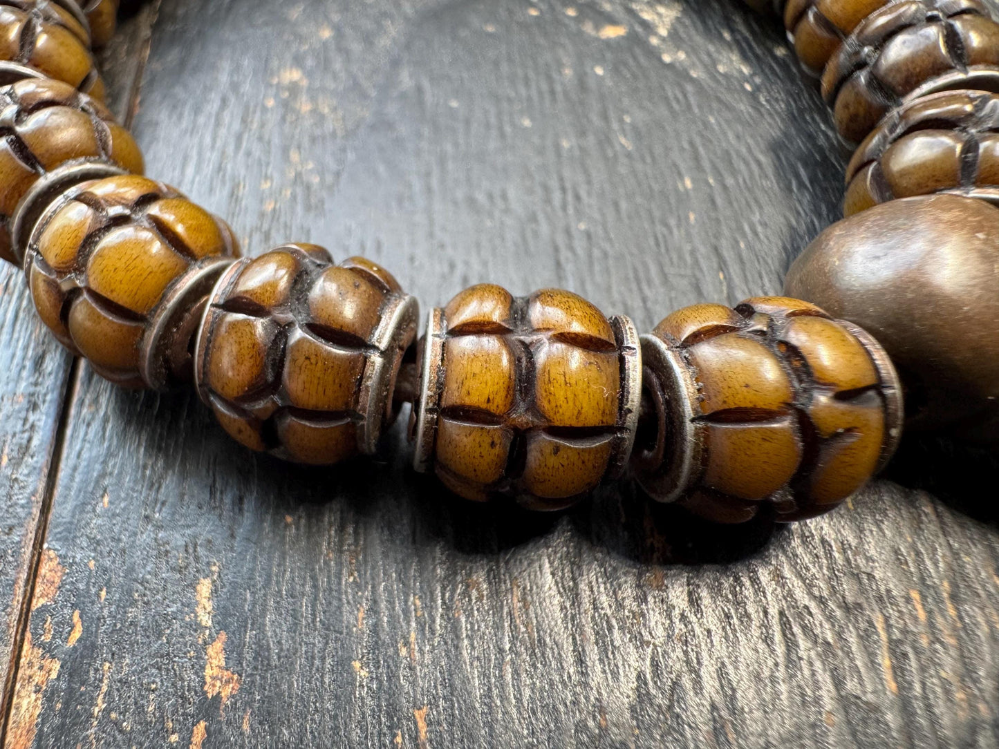 Tibetan Lotus Carved Yak Bone Bracelet | Adjustable Himalayan Mala Bracelet | Hand Carved Bone Prayer Beads | Ethnic Buddhist Jewelry