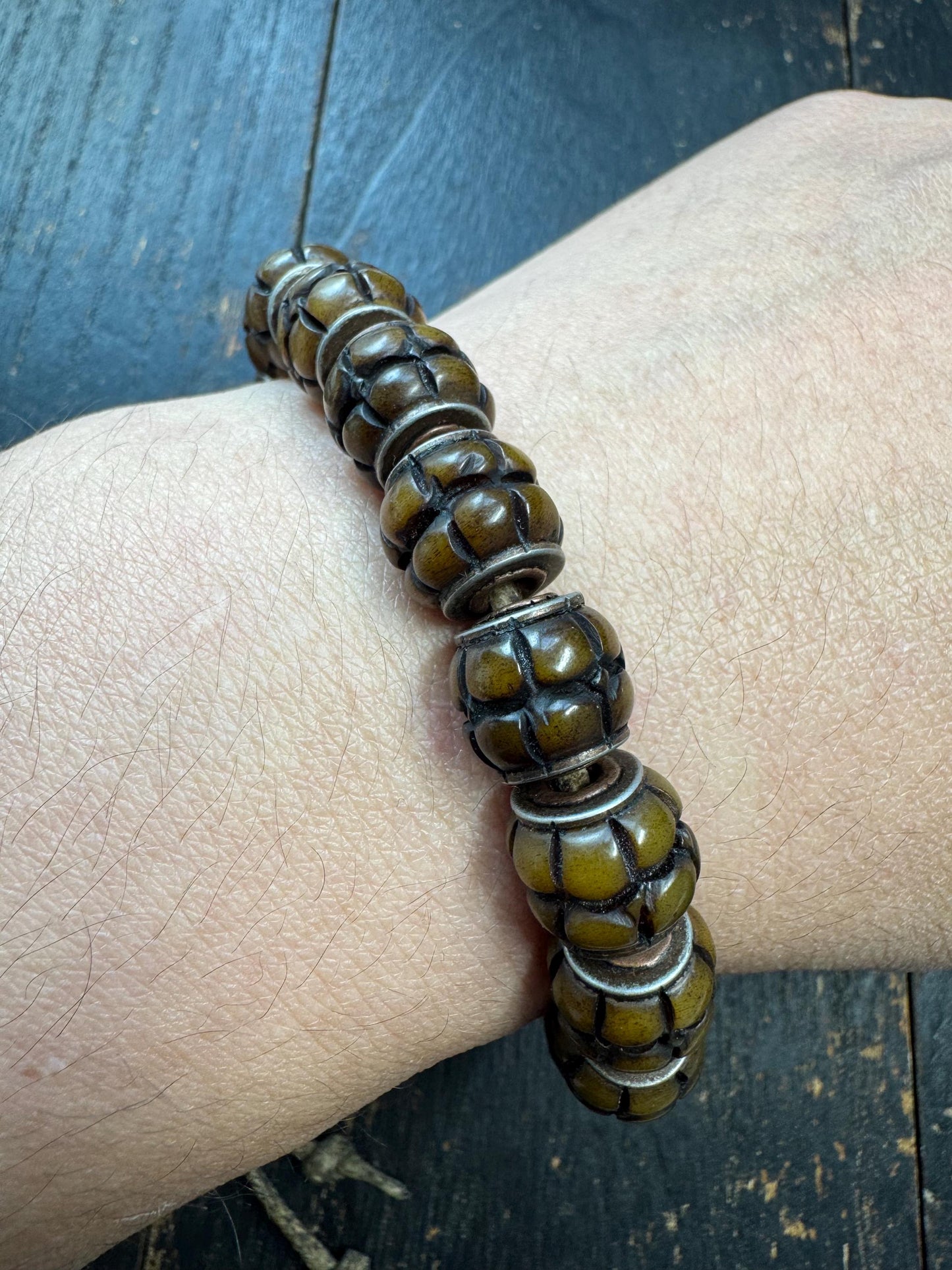 Tibetan Lotus Carved Yak Bone Bracelet | Adjustable Himalayan Mala Bracelet | Hand Carved Bone Prayer Beads | Ethnic Buddhist Jewelry