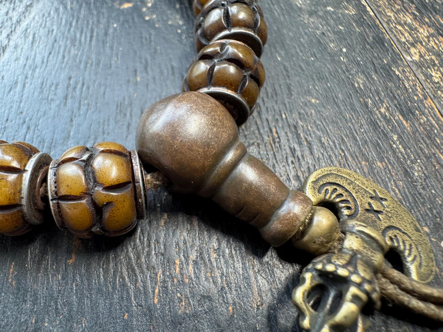 Tibetan Lotus Carved Yak Bone Bracelet | Adjustable Himalayan Mala Bracelet | Hand Carved Bone Prayer Beads | Ethnic Buddhist Jewelry